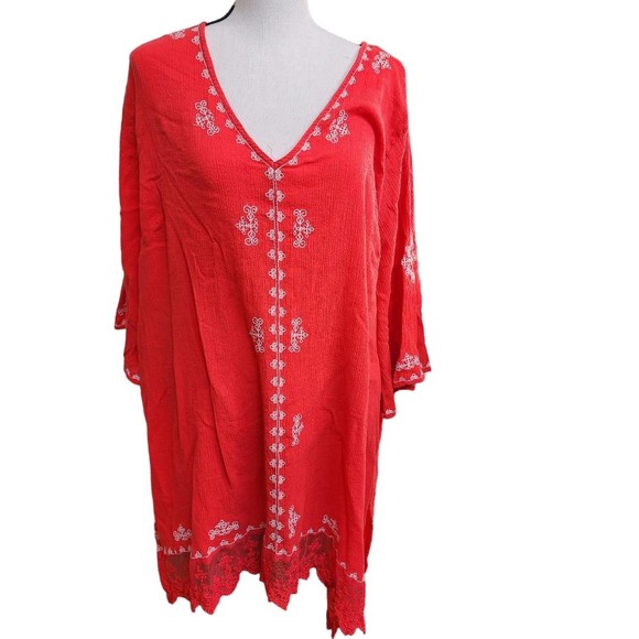 Catherines Tops - Catherines Oversized Embroidered Red/Orange Lace Trim Tunic Size 3X